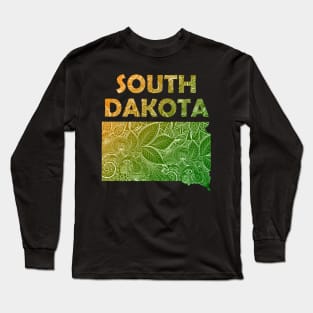 Colorful mandala art map of South Dakota with text in green and orange Long Sleeve T-Shirt